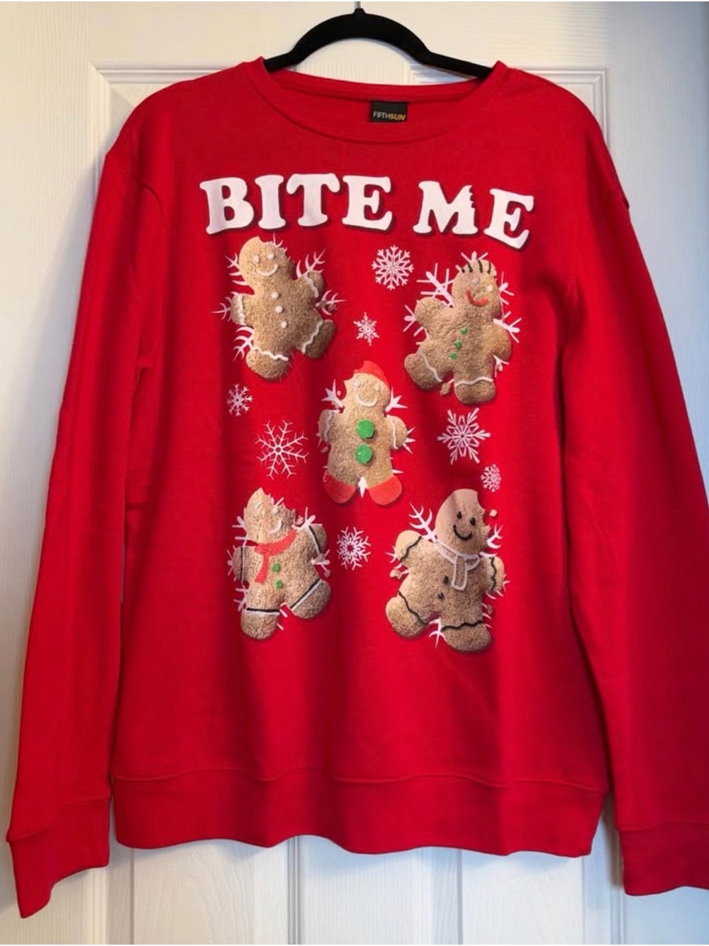 Fifth Sun Red 'Bite Me' Gingerbread Crewneck Sweater